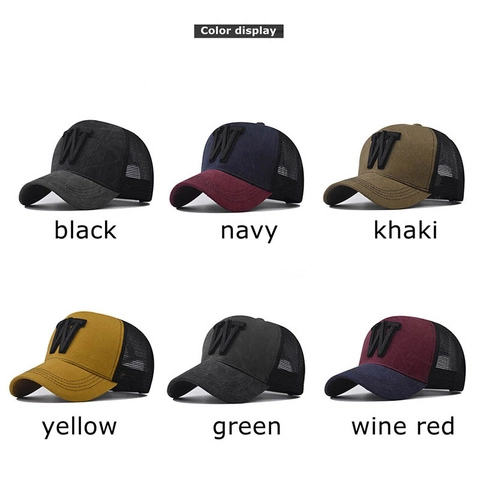 Unisex Baseball Cap 3D Letter W Embroidery Washed Distressed Trucker Hat Breathable Mesh Back Outdoor Sports Sun Hat