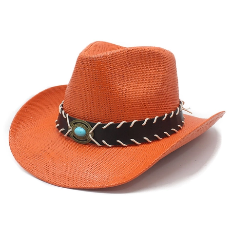 Westerse Cowboy Strohoed Brede Rand Zonbescherming Ademend Vintage Etnische Stijl Turquoise Decoratie Dames Heren