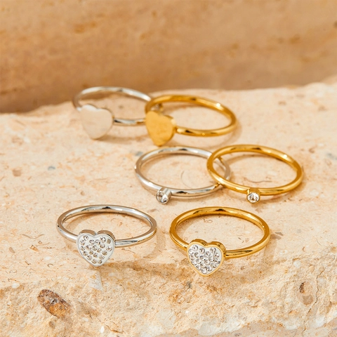 Heart Rings For Women Stainless Steel Rhinestone Vintage Delicate Jewelry Minimalist Stacking Polished