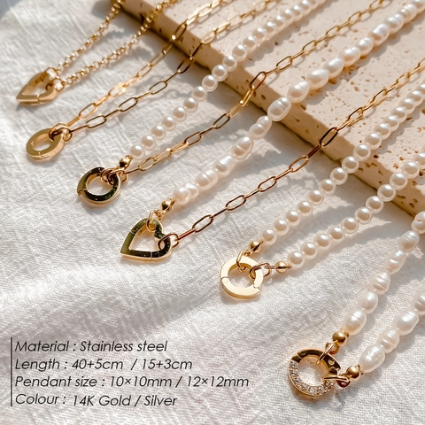 Vintage Stainless Steel Artificial Pearl Splicing Necklace For Women Retro Heart Clasp Rhinestone Buckle DIY Jewelry Chain