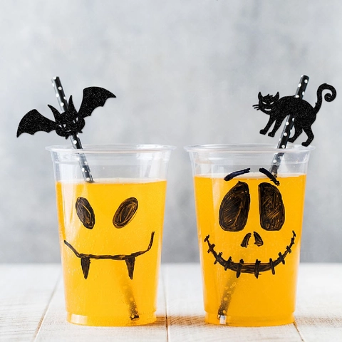 Cannucce Di Carta Per Halloween Con Carte Silhouette Glitterate Nere Scheletro Pipistrello Fantasma Decorazione Articoli Per Feste Rigati