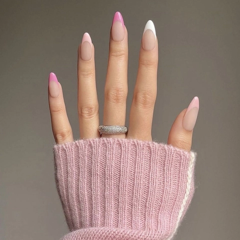 Unghie Finte French Tip Lungo Forma Mandorla Nude Rosa Bianco Opaco Unghie Artificiali Per Donna Stile Dolce