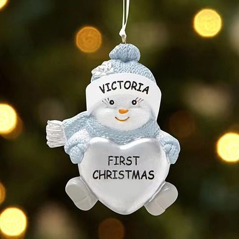 Snowman Family Tree Hanging Ornament Resin Hand Painted Festive Christmas Decoration Blue Hat Heart Style Holiday Gift