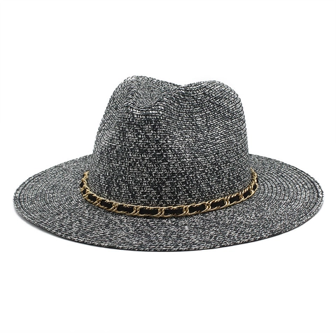 Fedora Strohhut Metallkette Papier Atmungsaktiv Sonnenschutz Sommer Strand Jazz Sonnenhut Für Damen Herren