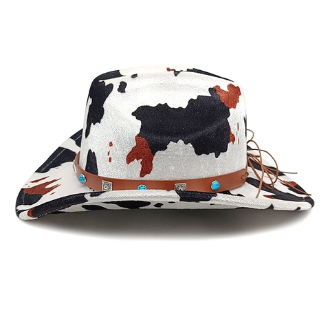 Cappello Da Cowboy Western Stampa Mucca Leopardo Feltro Cintura Decorativa Perline Turchesi Retro Tesa Larga Unisex
