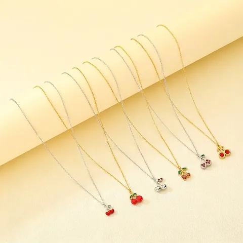 Stainless Steel Cherry Fruit Pendant Necklace For Women Cute Dainty Enamel Zircon Jewelry