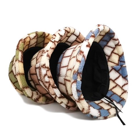 Cappello Alla Pescatora In Lana Di Agnello Sintetica Caldo Retro Scacchiera Plaid Pile Ispessito Per Donna Moda