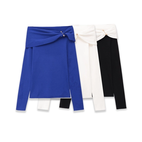Elegant Women's One Shoulder Knit Sweater Long Sleeve Knot Front Design Solid Color Commuter Top With Metal Pin Detail