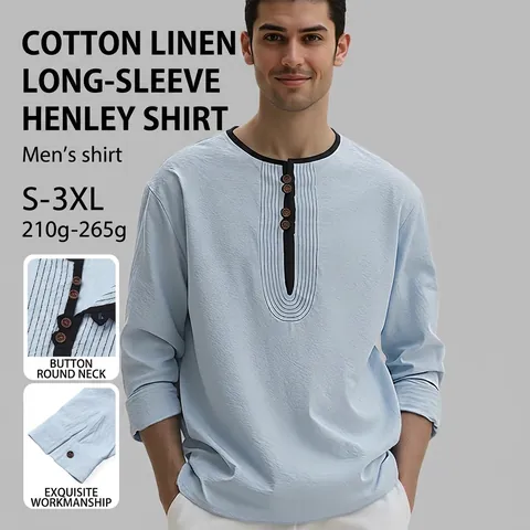 Men Henley Shirt Cotton Linen Long Sleeve Breathable Casual Beach Style Vintage Plain Tops