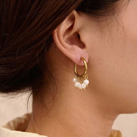 Orecchini A Cerchio Con Perle D'acqua Dolce Retrò Francesi Da Donna Acciaio Inossidabile Placcato Oro 18K