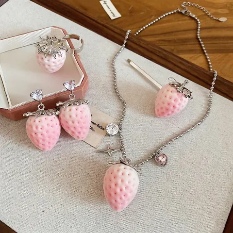 Joyas Fresa Collar Pendientes Anillo Pinza Pelo Acero Inoxidable Flocado Circonita Fruta Para Mujer Con Silver Earring Post