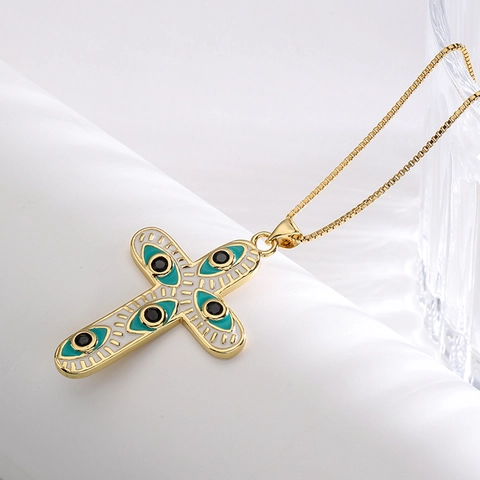 Collana Pendente Croce Rame Placcato Oro 18K Malocchio Smalto Zircone Catena Di Clavicola Gioielli Donne