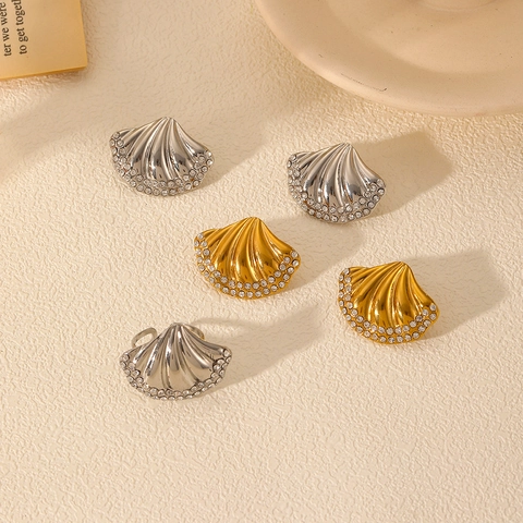 Muschel Ohrstecker Und Verstellbarer Ring Edelstahl 18K Vergoldet Zirkonia Ozean Stil Sommer Schmuck Für Damen