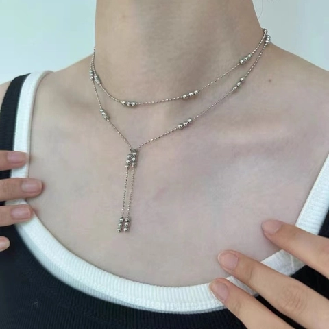 Double Layer Copper Alloy Bead Necklace With Tassel Simple Y Shaped Choker For Women