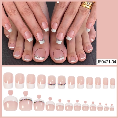 Franse Stijl Press On Nails Vinger En Teen Kunstnagels Witte Tips Gekleurde Strass Steentjes Nude Roze Voor Dames
