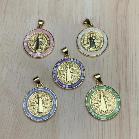 Vintage Kupfer Muschel Strass Kreuz Porträt Anhänger Ohne Kette Rund Religiöse Medaille Für Damen DIY Schmuckherstellung Zubehör