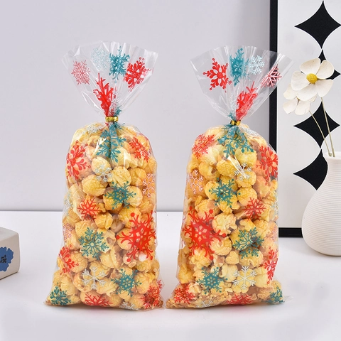 Christmas Cellophane Bags Snowflake Print Clear Plastic OPP For Candy Cookie Gift Holiday Party With Golden Twist Ties