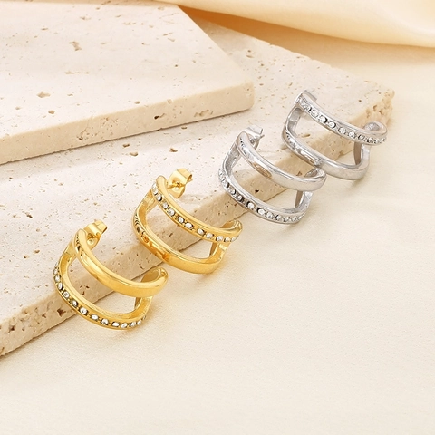 Double Layer C Shaped Stud Earrings Stainless Steel With Pavé Rhinestones 18K Gold Plated Minimalist Geometric Jewelry For Women