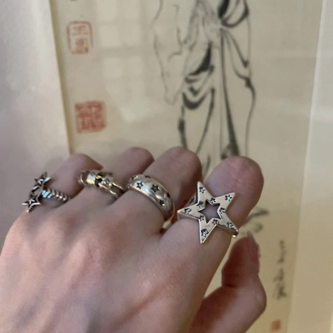Anello Aperto in Rame con Zirconia Vintage Stella Croce Teschio Cuore Regolabile Argento Retrò per Donna Gioielli di Moda