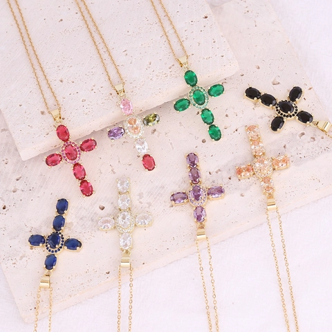 Collana Con Pendente A Croce In Rame Zircone Pietre Colorate Gioielli Hip Hop Placcato Oro Per Donna Uomo