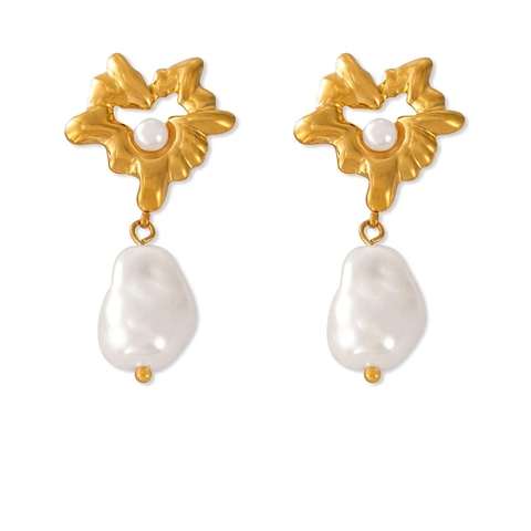 Orecchini a Goccia in Acciaio al Titanio Placcato Oro Stile Hepburn Vintage con Perla Artificiale Barocca e Cuore per Donna Gioielli Retrò