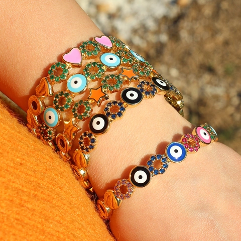 Evil Eye Open Bangle Copper Gold Plated Enamel Heart Star Colorful Cubic Zirconia Cuff Bracelet For Women
