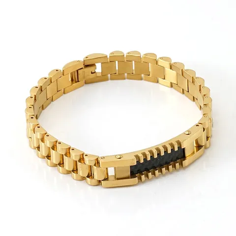 Pulsera Para Hombre De Acero Inoxidable Estilo Correa De Reloj Con Inserto De Fibra De Carbono Negra Chapado En Oro 18K