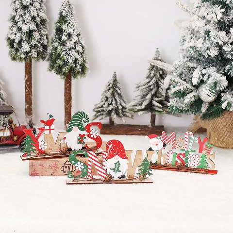 Ornamenti Da Scrivania Natalizi In Legno Con Scritte XMAS SNOW Merry Christmas Decorazione Gnomo Dipinto Pigna