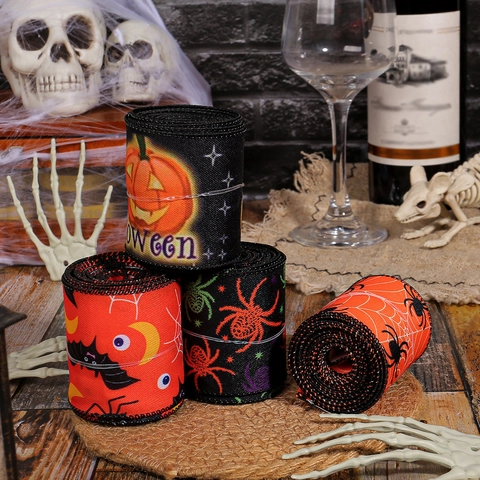 Halloween Wired Ribbon Fabric Spider Pumpkin Bat Printed Decorative Webbing For Party DIY Gift Wrapping