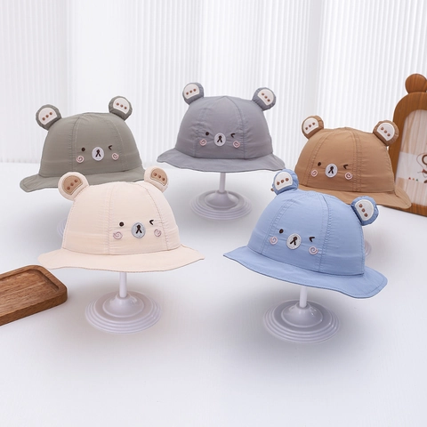 Cappello Da Pescatore Per Neonati Tessuto Ad Asciugatura Rapida Protezione Solare Orecchie Di Orso 3D Ricamo Cartoon Corda Antivento