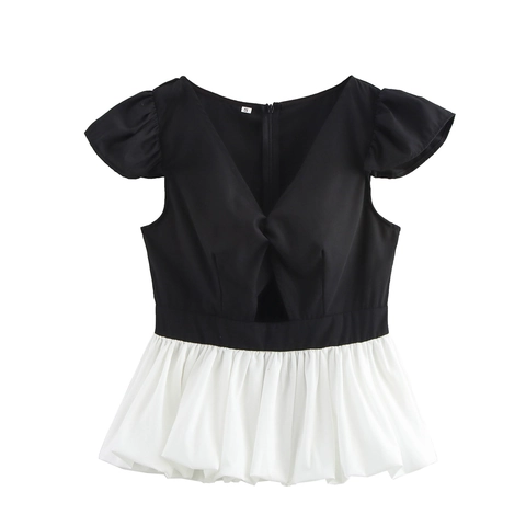 Women V Neck Blouse Top Polyester Flutter Sleeve Color Block Peplum Hem Hollow Out Preppy Style