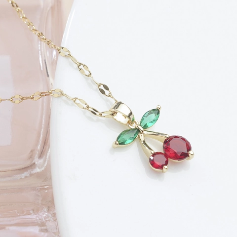 Kirsch Anhänger Halskette Edelstahl Gold Vergoldet Rot Grün Strass Süß Elegant Schmuck Für Damen