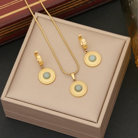 Set Collana E Orecchini Con Ciondolo A Moneta Tonda Vintage Acciaio Inossidabile Placcato Oro Pietra Verde Gioielli Da Donna Eleganti