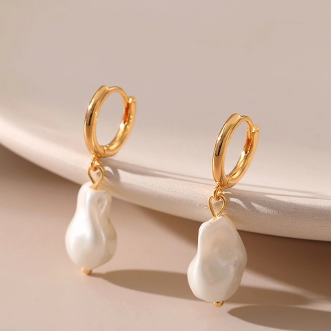 Pendientes De Perlas Barrocas Artificiales Chapado En Oro De 18K Cobre Irregular Natural Aro Joyería Elegante Para Mujer