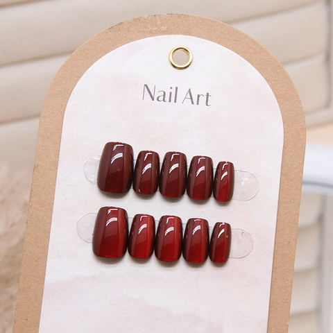 Handmade Press On Nails Dark Red Cat Eye Glossy Short Square Round Fake Nails Reusable Manicure Art