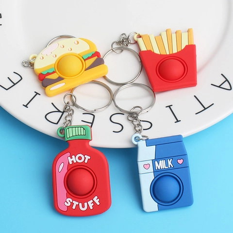 Food Fidget Pop It Spielzeug Schlüsselanhänger Silikon Sensorisches Stressabbau Tasche Anhänger Hamburger Pommes Keks Form