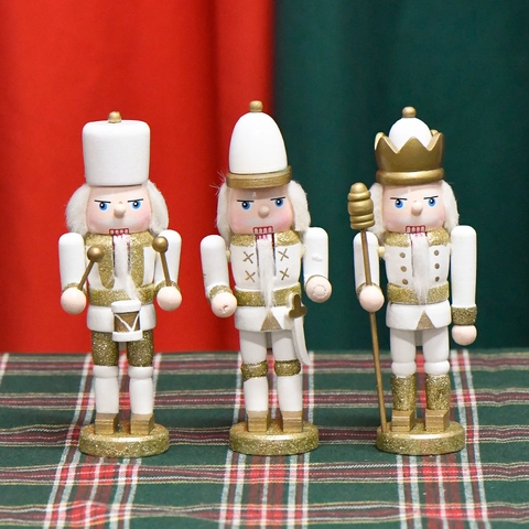 Casse-Noisette En Bois Soldats Ornements De Noël Traditionnels Paillettes Blanc Or Roi Épéiste Tambour Figurines De Table