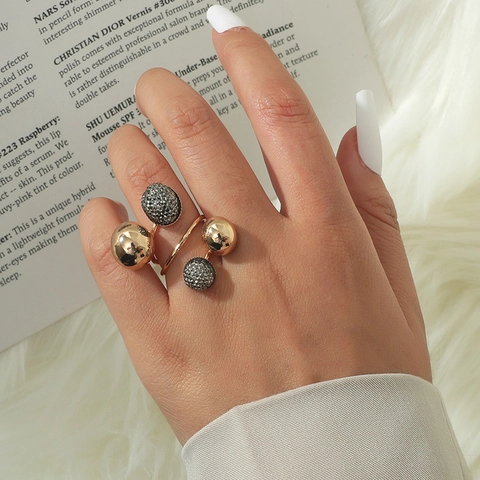 Spiral Bypass Open Ring Copper Ball Beads Pave Rhinestone Adjustable Fashion Jewelry For Women