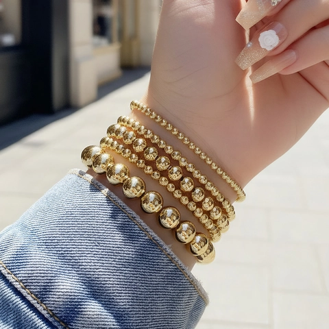 Pulsera De Cuentas Redondas De Cobre Pulido Elástica Apilable Joyas Hip Hop Minimalistas Para Mujeres Hombres
