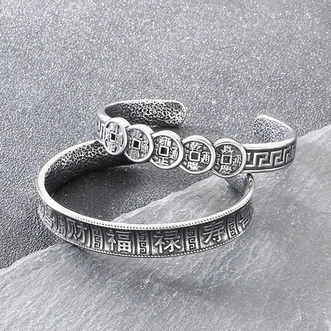Vintage Chinesischer Stil Offener Armreif Edelstahl Fünf Kaiser Münzen Glückszeichen Manschette Armband Herren
