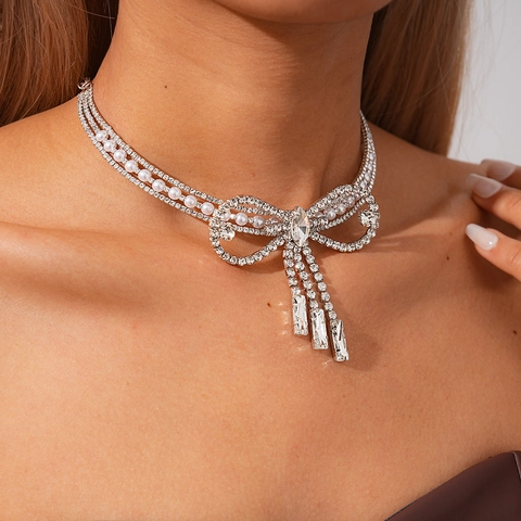 Rhinestone Imitation Artificial Pearl Bow Tassel Choker Necklace Copper Elegant Double Layer Wedding Party Jewelry For Women