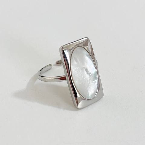 925 Sterling Silver Ring With Oval Mother Of Artificial Pearl Shell Inlay Minimalist Geometric Adjustable Opening Jewelry For Women
