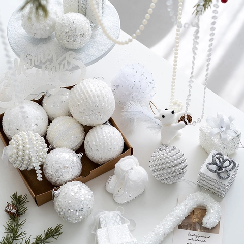 Christmas Ball Ornaments White Foam Sequin Glitter Artificial Pearl Hanging Pendants For Xmas Tree Winter Holiday Decoration Elegant