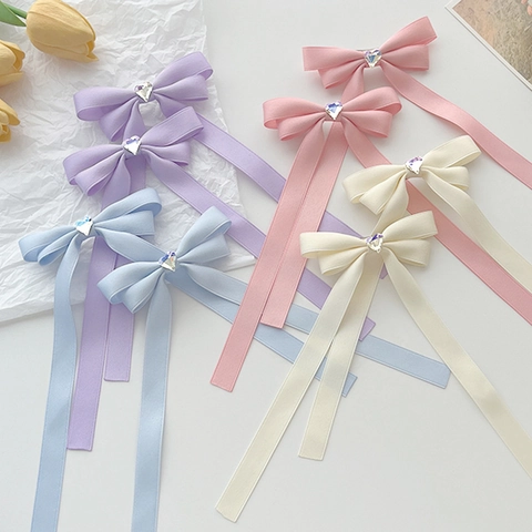 Barrette À Cheveux Noeud Doux Avec Strass Coeur Longs Rubans Élégant Coiffe Pour Femmes Filles