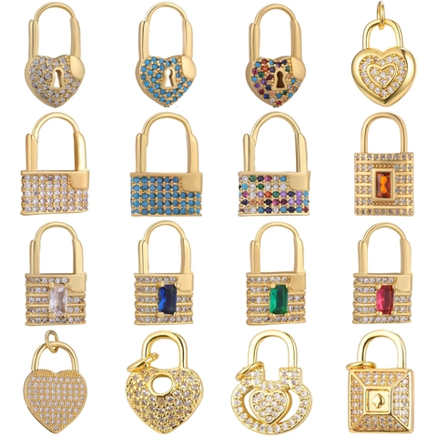 DIY Charms Pendants Copper Micro Pave Zircon Heart Lock Star Key Safety Pin For Jewelry Making