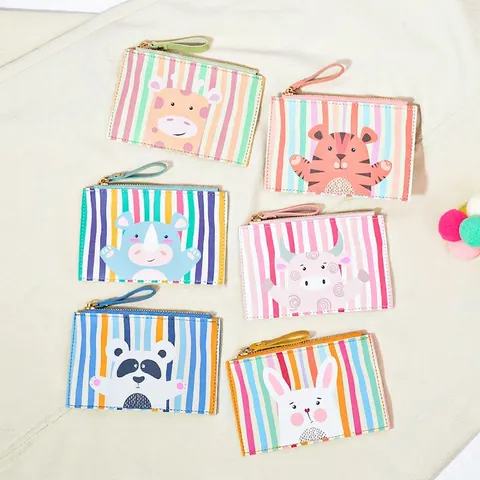 Cute Cartoon Animal Mini Coin Purse PU Leather Striped Zippered Small Wallet With Wristlet Strap For Women Girls