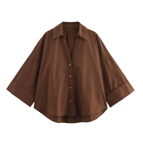 Dames Blouse Met V-Hals Poplin Polyester Losse Pasvorm Wijde Mouwen Knoopsluiting Casual Japanse Stijl Effen Donkerbruin