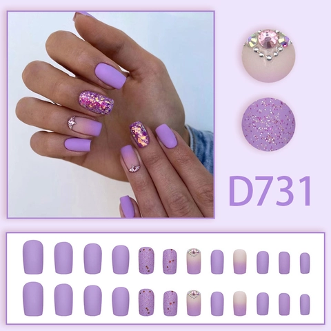 Purple Matte Press On Nails With Rhinestones Glitter Gradient Medium Long Square Fake Nails For Women Elegant Fashion