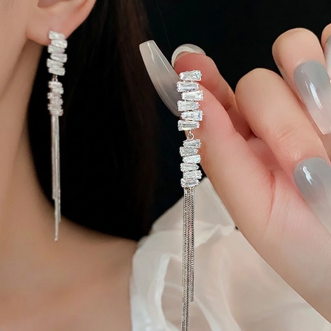 Baguette Cubic Zirconia Tassel Drop Earrings With 925 Sterling Silver Earring Post For Women Elegant Luxury Jewelry