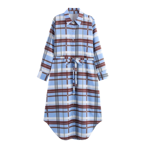 Women Plaid Shirt Dress Long Sleeve Turn-Down Collar Waist Tie Polyester Casual Elegant Maxi Button Down Shirt Dress